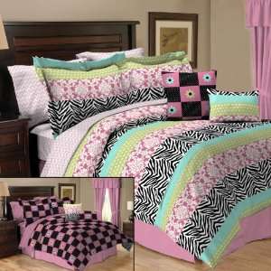 Teen Girl Reversible Black Pink Green Zebra Damask Queen Comforter Set 