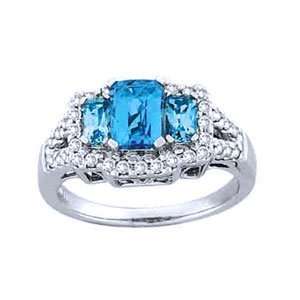  14k White Gold Emerald Cut Blue Topaz Diamond Ring (2.45 