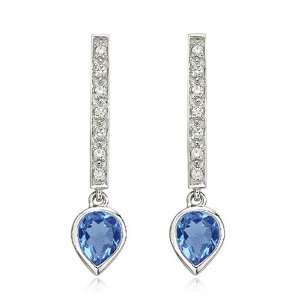   14K White Gold Pear Blue Topaz & Diamond Bar Dangle Earrings Jewelry
