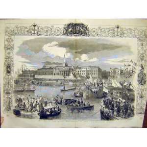  Custom House Quay Royal Procession Boat Old Print 1849 