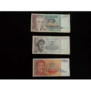 Yugoslavia Bank Notes 5 Million, 500 Million and 50 Thousand Dinara 