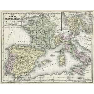 Mitchell 1852 Antique Map of France, Spain, Italy & Portugal  