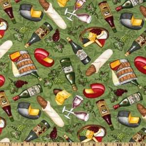  44 Wide Wine Country Cheese & Wine Green Fabric By The 
