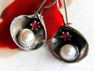 PEARL and RUBY IN STERLING SILVER SHELL EARRINGS  