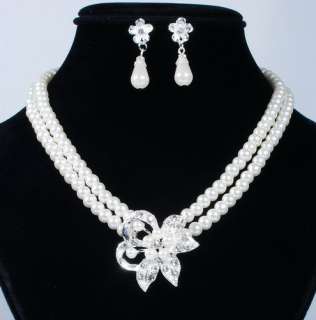 W18660 Flower Pendant 2Rows White Imitate Pearl Crystal Necklace 