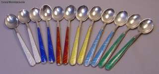 12 Codan Mexico Sterling Silver Enamel Dessert Spoons  