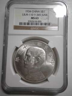 China 1934, JUNK S $1,Y 345,NGC MS 63 UNC  