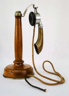Antique French Brass & Oak Candlestick Phone Grammont Thomson Houston 