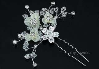 Bridal Ivory Satin Crystal Handmade Hair Pin Clip T1374  