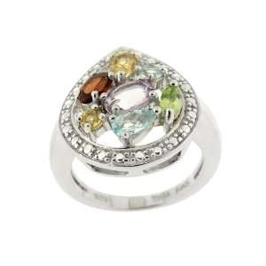 Sterling Silver Diamond Accented and Multi Gemstone Teardrop Ring 