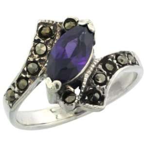  Silver Marcasite Swirl Ring w/ Marquise Cut Natural Amethyst Stone 