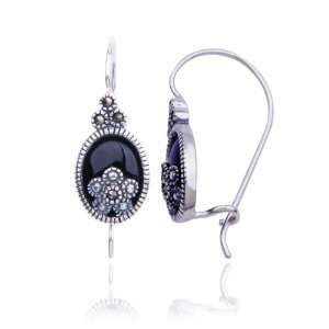  Sterling Silver Marcasite and Onyx Oval Earrings Jewelry