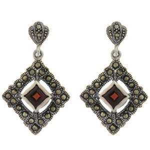    Sterling Silver Marcasite Simulated Garnet Square Earrings Jewelry