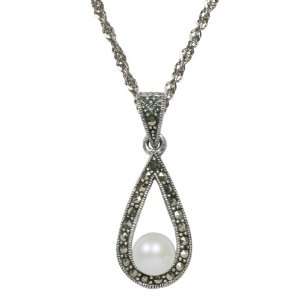   Oxidized Pearl and Marcasite Teardrop Pendant Necklace, 18 Jewelry