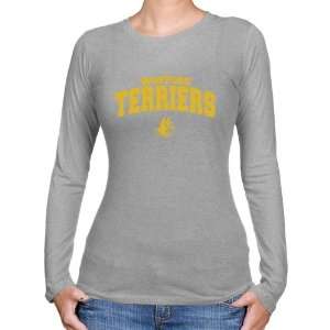 Wofford Terriers Ladies Ash Logo Arch Long Sleeve Slim Fit T shirt 