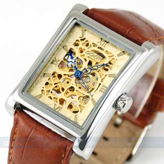 Champagne Skeleton Hand wind Mechanical Watch Leather  