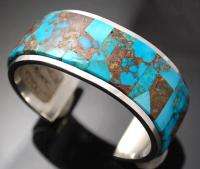  silver and Bisbee turquoise mosaic inlay cuff bracelet by world 