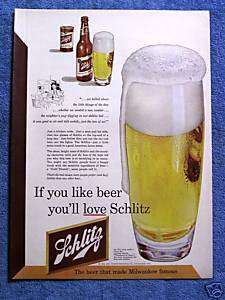 VINTAGE 1952 SCHLITZ BEER AD  