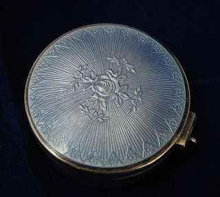 ANTIQUE STERLING SILVER AND BLUE GUILLOCHE ENAMEL BOX COMPACT PILLBOX 