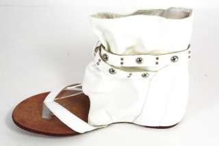 Liz I Studded High Top Slouchy Ankle Wrap Thong Sandal   White