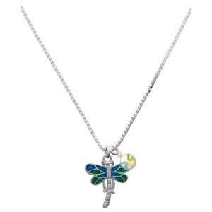 Dragonfly with Translucent Green & Blue Wings Charm Necklace with AB 