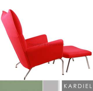 Hans J Wegner Style Wing Chair & Ottoman, Cherry Red Bouclé Cashmere 