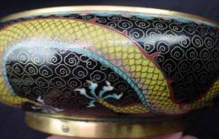 Antique Chinese Fine Cloisonne Bowl Three Dragon Playing Fire Pearl 