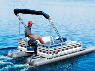 5hp Tohatsu shown here with an Angler mini pontoon boat. The 3.5hp 