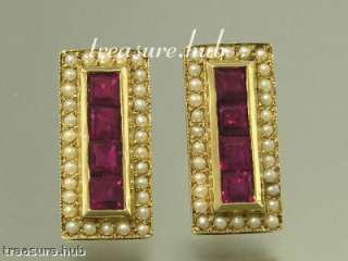 ART DECO style 9ct Gold NATURAL RUBY & PEARL Earrings  