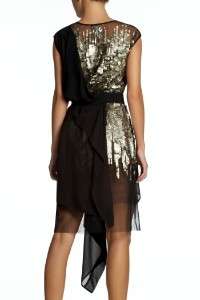   RUNWAY Black Gold Sequin Embellished Chiffon Dress XXS (NO BELT) $748