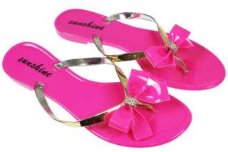 NEW WOMENS/LADIES SUMMER FLAT RUBBER JELLY DIAMANTE BOW FLIP FLOP 