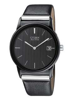   08E Mens Eco Drive Watch Black Leather Strap Black Dial & Date  