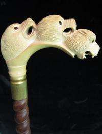   ANTIQUE CANE, WALKING STICK with CARVED ANIMAL HEAD OX BONE HANDLE