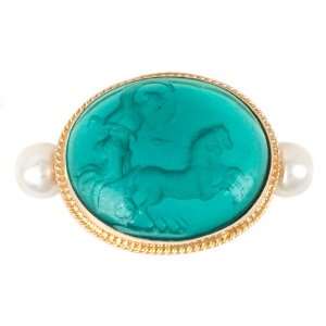   Green Venetian Glass Cameo and Freshwater Cultured Pearl Ring, Size 6