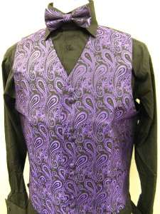 Mens Suit Tuxedo Dress Vest Necktie Bowtie Hanky Set Purple Paisley 