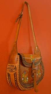 vtg 70s HAND TOOLED Leather Painted FLOWER brown Hippie MEXICO 