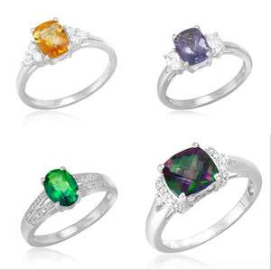 Solitaire Gemstone Ring In Sterling Silver W CZ Accents  