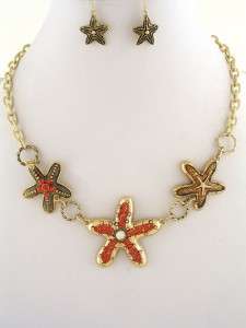   Tone Orange Crystals Starfish Statement Necklace & Earrings Set  