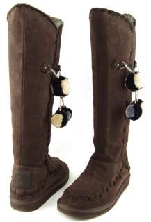   COUTURE MARSHA Chocolate Brown Waxy Suede Womens Pompoms Tall Boots 10