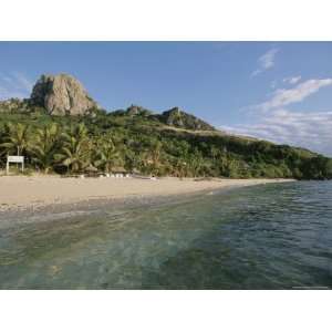 Vatu Vula Peak Looms over a Beach with Coconut Palms and Clear Water 