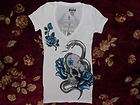 Sinful Womens White Snake Rose V neck Shirt Size XS Authentic 