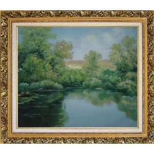 Green Pond with Water Plants and Reflaction Oil Painting, with Ornate 