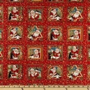   The Spirit of Christmas Penguins & Santa Frames Red Fabric By The Yard