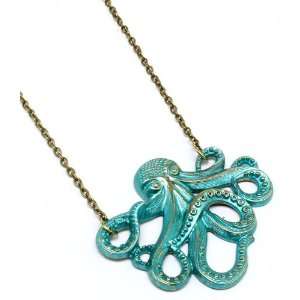   Funky Metallic Aqua Blue Octopus Necklace Antique Gold Tone Jewelry