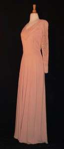 Vintage 40s Illusion Lace Party Dress L Crepe Bisque Beige Long Gown 