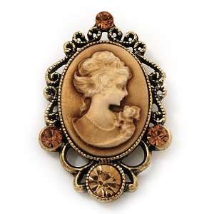   Crystal Cameo Regal Lady Brooch In Antique Gold Plating Jewelry