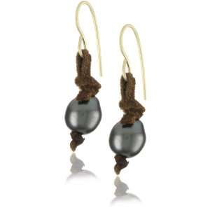 Renee Garvey Oceanic Tahitian Pearl and 14k Earrings with Suede Ties