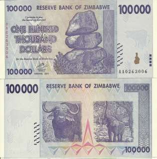 ZIMBABWE 100 THOUSAND DOLLARS 100000 PAPER MONEY UNC  