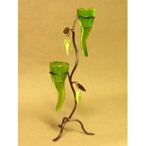  Metal Candle Holder with Two Green Glass Lanterns and 