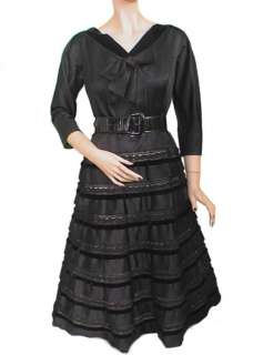 Vtg 40s 50s Black Satin Velvet Cut Out Crochet Dress  